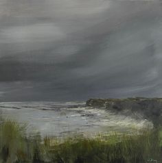 an oil painting of the ocean with storm clouds above it and grass in foreground