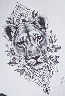 a drawing of a lion with flowers on it's head and an ornamental frame around its neck