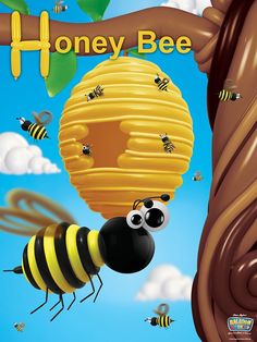 a book cover for honey bee with two bees flying around the top of a hive