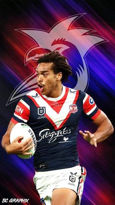 a man with dreadlocks holding a rugby ball in his right hand and running