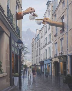 a painting of two people handing something to each other in the air over a city street