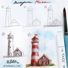 a drawing book with drawings of lighthouses and buildings