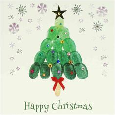 a christmas card with a green teddy bear in the shape of a christmas tree and snowflakes