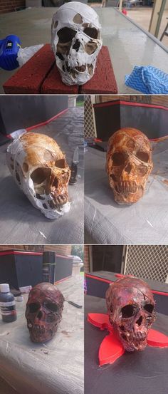 there are four different pictures of skulls on the table