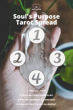 a person holding a crystal ball with the words soul's purpose tarot spread