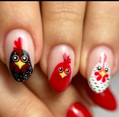 Weiner Dog Nail Art, Chicken Nail Art Designs, Chicken Nails Designs, Farm Nails Designs, Bulldog Nail Art, Farm Animal Nails, Farm Nails, Chicken Nails, Animal Nail Designs