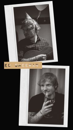 two black and white photos of a man holding a guitar