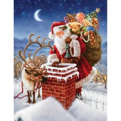 a painting of santa claus on top of a chimney next to a reindeer in the snow