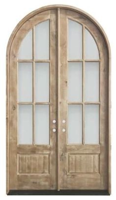 an arched wooden door with glass panels on the front and side doors to both sides