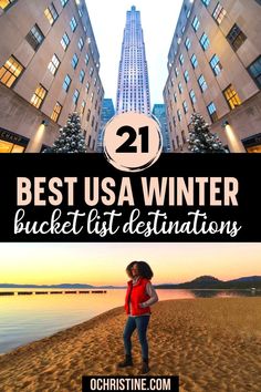 two photos with the words best usa winter bucket list destinations in front of skyscrapers