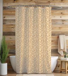 a bathroom with wood walls and a shower curtain