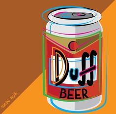 a beer can with the word duffl on it's side and an orange background