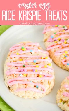 easter egg rice krispe treats on a white plate with pink icing and sprinkles