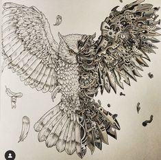 a drawing of an owl with wings and mechanical parts on it's back end