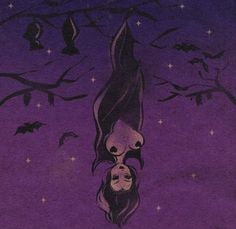 two bats hanging upside down in front of a purple sky with stars and trees on it