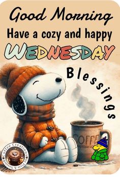 a snoopy dog sitting next to a cup of coffee with the words good morning have a cozy and happy wednesday blessing