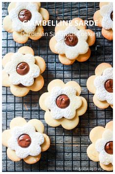 some cookies with icing and chocolate are on a cooling rack