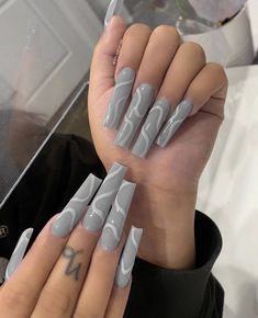 Boujee Acrylic Nail Designs, Nail Inspo Grey, Grey Acrylic Nails Designs, Grey Nail Ideas Acrylic, Gray Nails Acrylic, Gray Acrylic Nails, Grey Nails Ideas