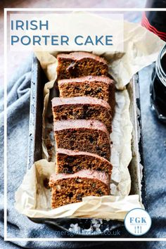 a loaf of irish porter cake in a pan with the title overlay above it