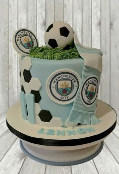 a soccer themed cake on a plate