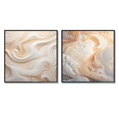 two abstract paintings with white and gold colors