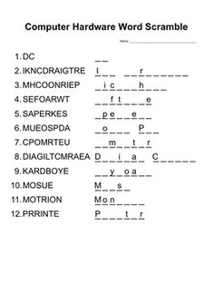 the computer hardware word scramble is shown in black and white, as well as other words