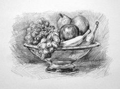 a drawing of fruit in a bowl on a table