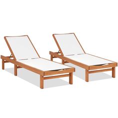 two wooden chaise lounges with white cushions on each side and one in the middle