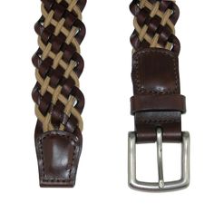 This striking and versatile 38mm braided belt adds a touch of personality and style to any casual or formal outfit. The silver-finish brass buckle stands out against the contrasting Full Grain leather lacing and cotton cord. Handcrafted in the USA with vegetable tanned leather. Made of Cotton and Leather Formal Leather Rope Belt, Classic Braided Leather Belt, Classic Leather Rope Belt, Casual Brown Belt With Brass Buckle, Classic Woven Leather Belt, Casual Leather Rope Belt, Casual Braided Leather Belt, Casual Brown Woven Leather Belt, Casual Adjustable Leather Belt Buckles