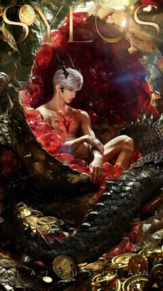 a woman sitting on top of a snake in front of a red background with gold coins