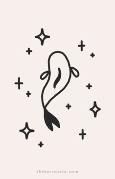 a black and white drawing of a fish with stars on it's back ground