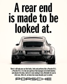 an advertisement for the porsche brand, featuring a car with its hood up and back end open