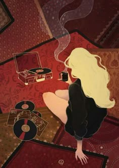 a painting of a woman sitting on the floor next to a record player and other items