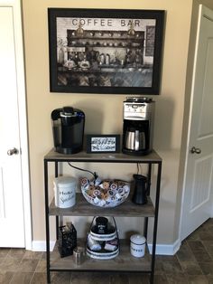 a coffee bar with various items on it