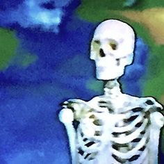 a drawing of a skeleton sitting in front of a blue and green background with the earth behind it