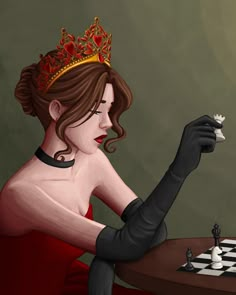 a painting of a woman playing chess wearing a tiara and holding the queen's crown