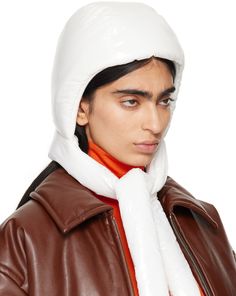 Padded taffeta bonnet in white. · Self-tie chin strap · Full cotton jersey lining Supplier color: White White Puffer, Bonnet Hat, Beginner Sewing, Sewing For Beginners, Apparel Accessories, Coats For Women, Accessories Hats, Puffer, Color White