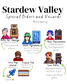 the stardew valley special order and reward game is shown in this graphic style