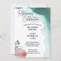 an elegant retirement celebration with books and flowers on the front, in teal tones