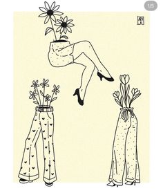 a drawing of two vases with flowers in them