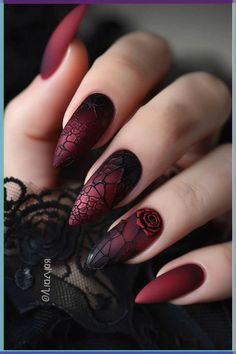 Red Black Matte Nails, Dark Red Gel Nails Design, Panther Nails Designs, Dark Festive Nails, Wedding Nails Autumn, Matte Black And Red Nails, Nails Red And Black Design, Goth Red Nails, Vampire Inspired Nails