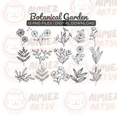 the botanical garden digital clipart set includes flowers, leaves and cats in black and white