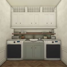 an image of a kitchen setting with two ovens and a dishwasher on the counter