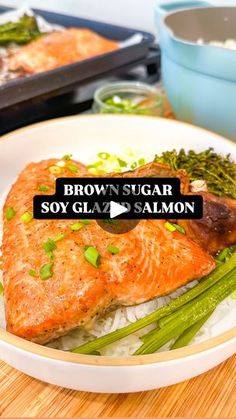 brown sugar soy glazed salmon with asparagus and broccoli on a plate