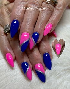 Pink And Navy Nail Designs, Navy Nails Design, Nail Designs Hot Pink, Contemporary Tattoo, Acrylic Nail Designs Classy, Pretty Nails Glitter, Neon Pink Nails, Multicolored Nails, Design Tattoos