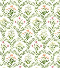 a floral pattern with green and pink flowers on white background, suitable for wallpaper or fabric