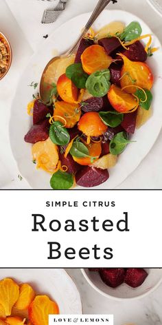 a white plate topped with roasted beets and oranges