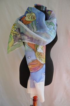 Painting silk scarf Blue Green Hand Painted Silk Scarf Woman Hand Painted Artful Silk Scarf, Artistic Hand Dyed Blue Silk Scarf, Artistic Blue Silk Scarves, Artistic Hand Painted Silk Scarf, Artistic Blue Silk Scarf, Artistic Silk Shawl Scarf, Multicolor Hand Painted Silk Scarves, Bohemian Silk Scarf For Artistic Expression, Bohemian Hand Painted Silk Scarves