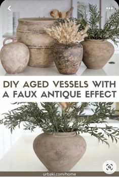 three vases with plants in them sitting on a counter next to the words diy aged vessels with a faux antique effect