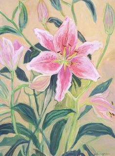 a painting of pink flowers with green leaves